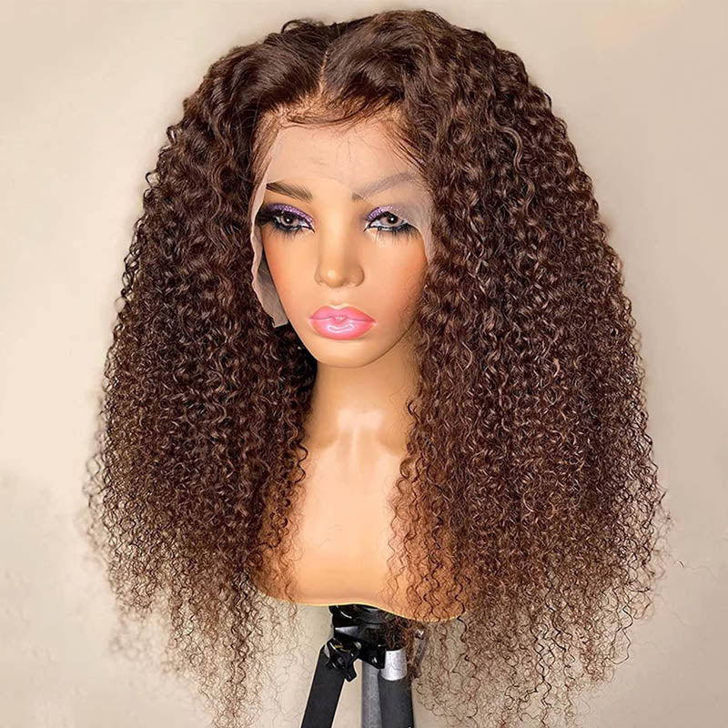 #4 Brown Chestnut Brown Curly HD Lace Front Wigs 180% Density