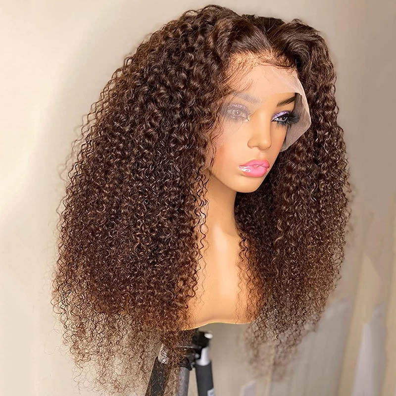 #4 Brown Chestnut Brown Curly HD Lace Front Wigs 180% Density