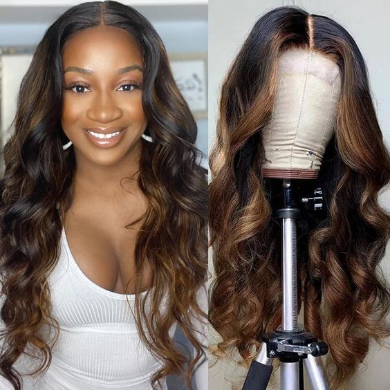 1B/30 Wig Balayage Highlight Body Wave Wig Pre-plucked Transparent Lace Front Wig