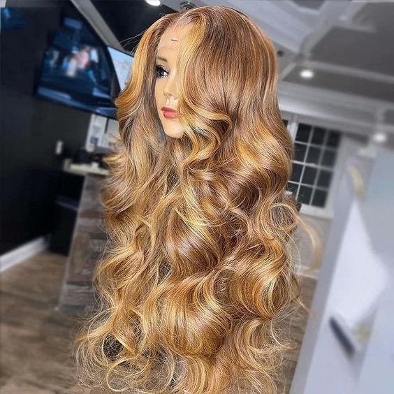 Honey Blonde Highlight Glueless Wig Body Wave 4x4 Closure Lace Front Wigs 100% Virgin Human Hair Wigs