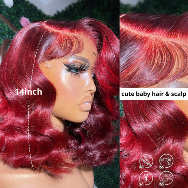 Burgundy Color Short Body Wave Bob Wigs Glueless HD 4x4 Lace Front Wigs Human Hair For Woman