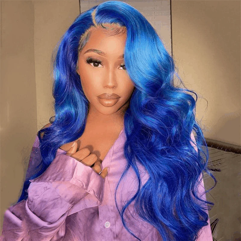 Blue Lace Front Wig Human Hair 13x4 HD Body Wave Human Hair Lace Front Wigs Pre Plucked Colored Blue Lace Front Wig 180% Desity