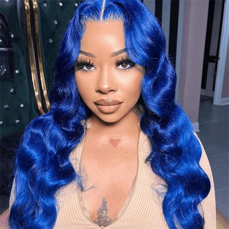 Blue Lace Front Wig Human Hair 13x4 HD Body Wave Human Hair Lace Front Wigs Pre Plucked Colored Blue Lace Front Wig 180% Desity