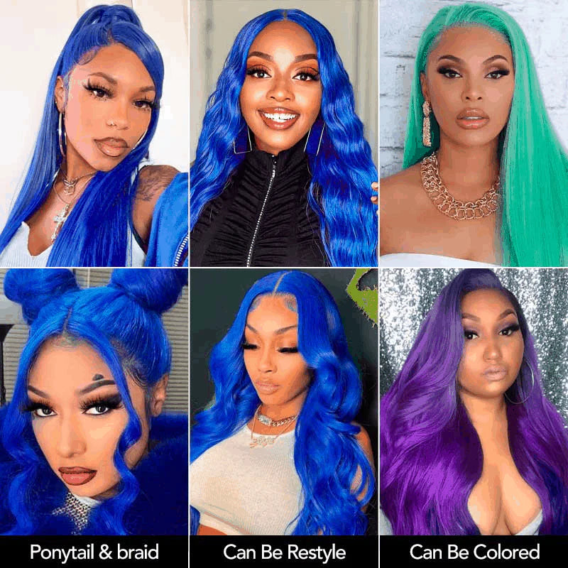 Blue Lace Front Wig Human Hair 13x4 HD Body Wave Human Hair Lace Front Wigs Pre Plucked Colored Blue Lace Front Wig 180% Desity