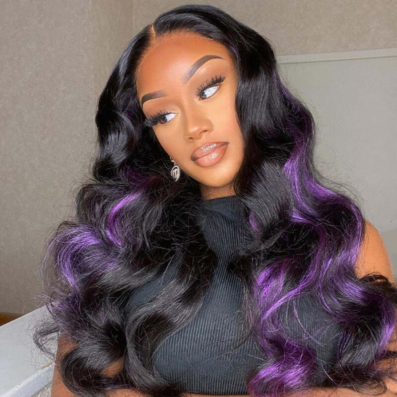 New Color For Black With Purple Highlights Color Wig Body Wave 13x4 Transparent Lace Wig Human Hair