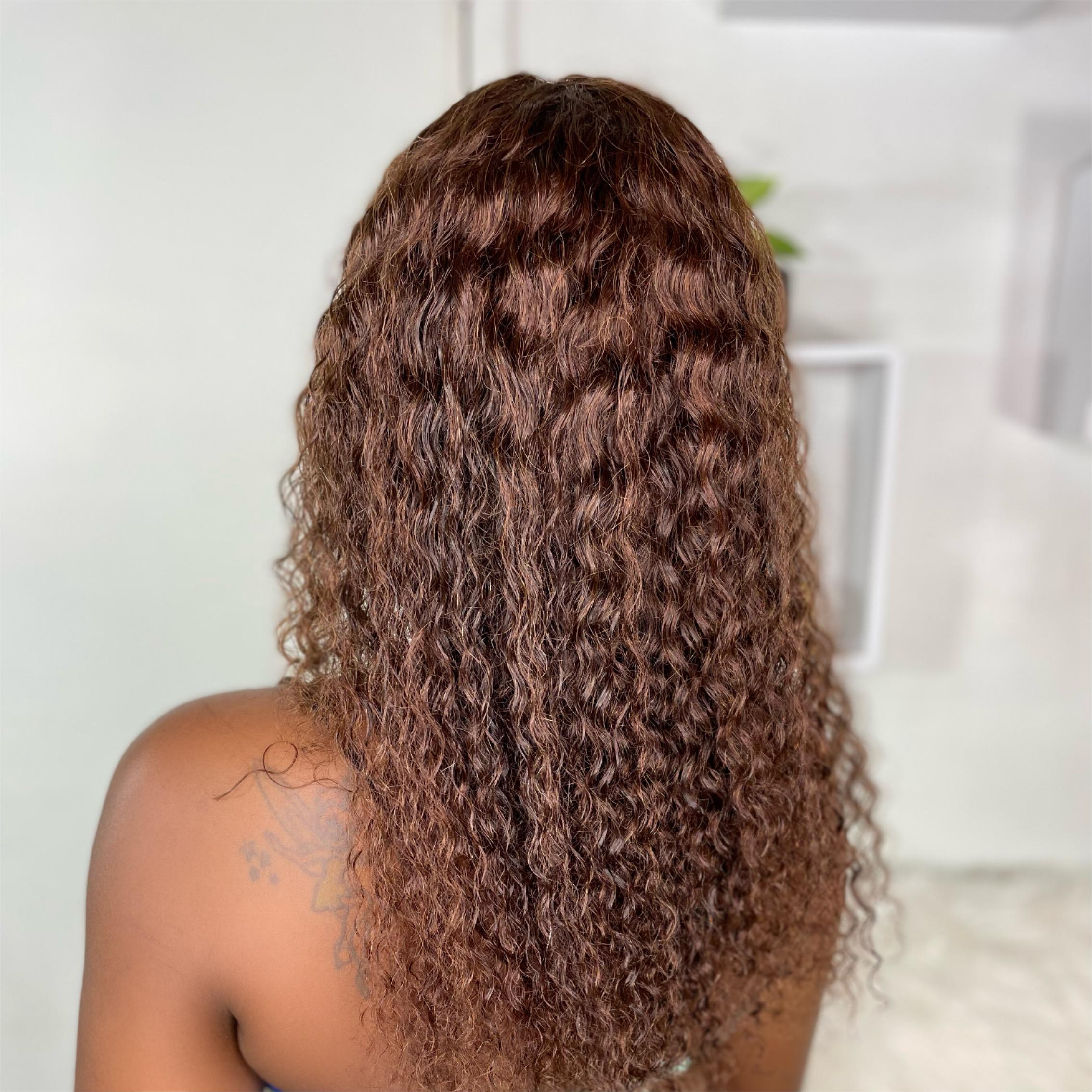 Chocolate Brown Color Curly Wig 13x4 Transparent Lace Front Wig With Micro Knot Pre Bleached Knots
