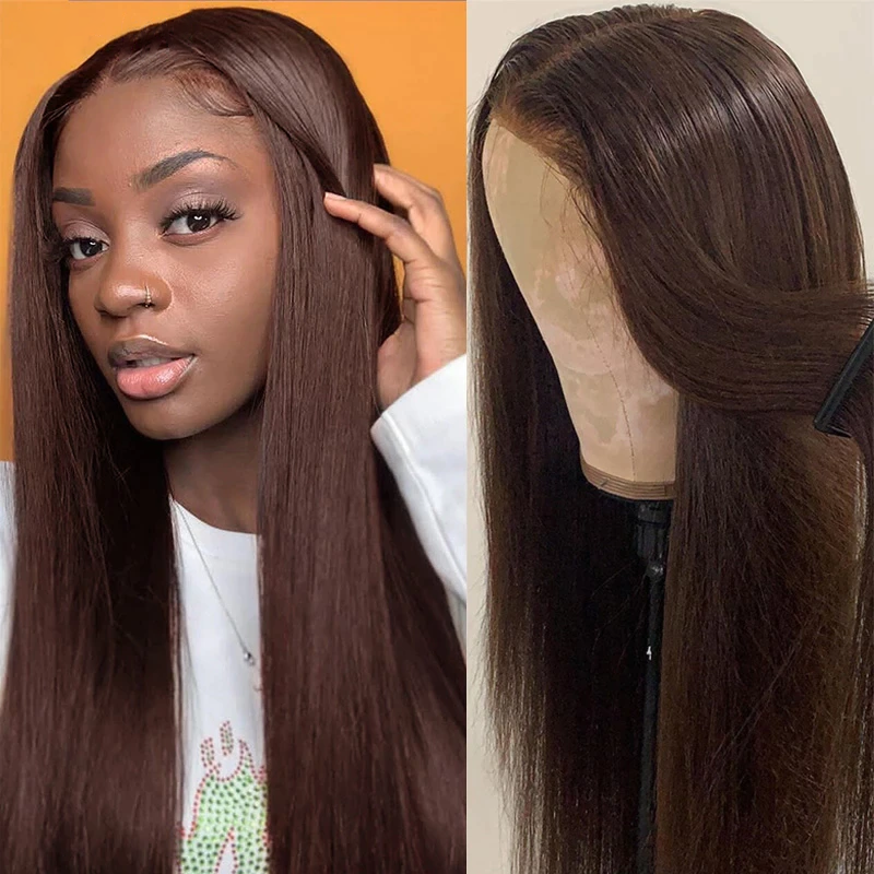 Brown Straight HD Lace Front Wigs 180% Density 100% Human Hair #4 Colored