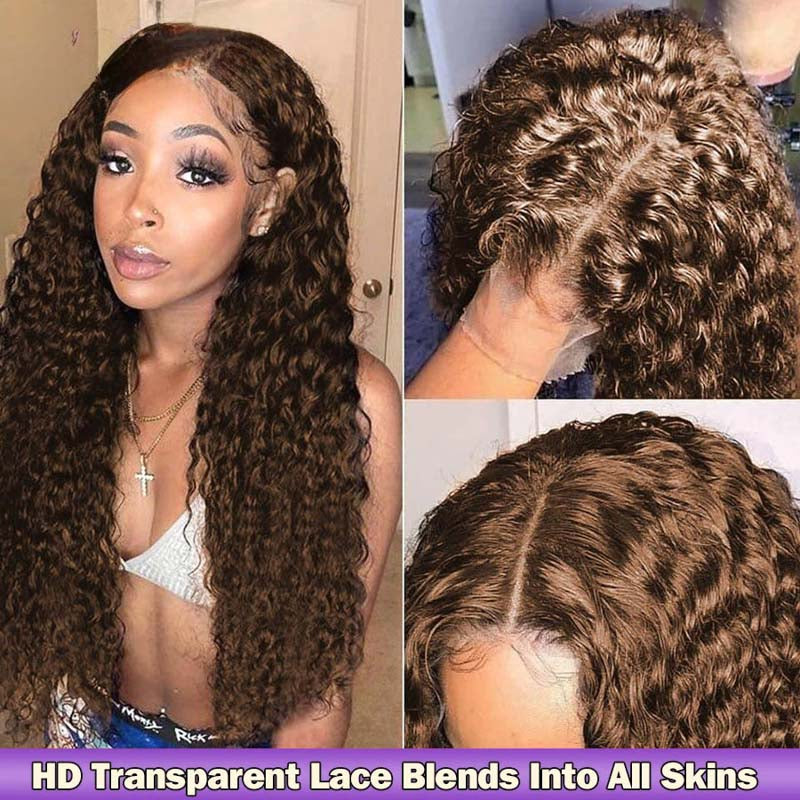 #4 Brown Chestnut Brown Curly HD Lace Front Wigs 180% Density