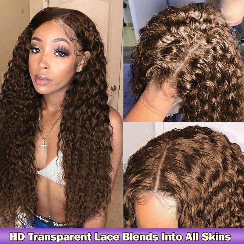 Chestnut Brown Curly Wig Transparent Lace Front Wigs 180% Density Human Hair Wigs