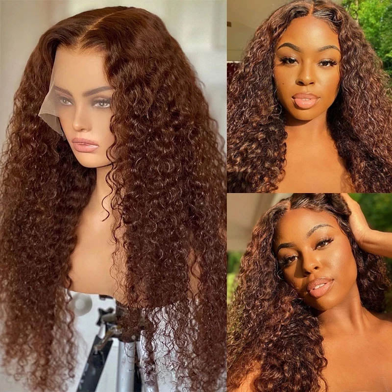 Faba 360 Transparent Lace Front Pre-plucked Wigs Chestnut Brown Curly Wigs
