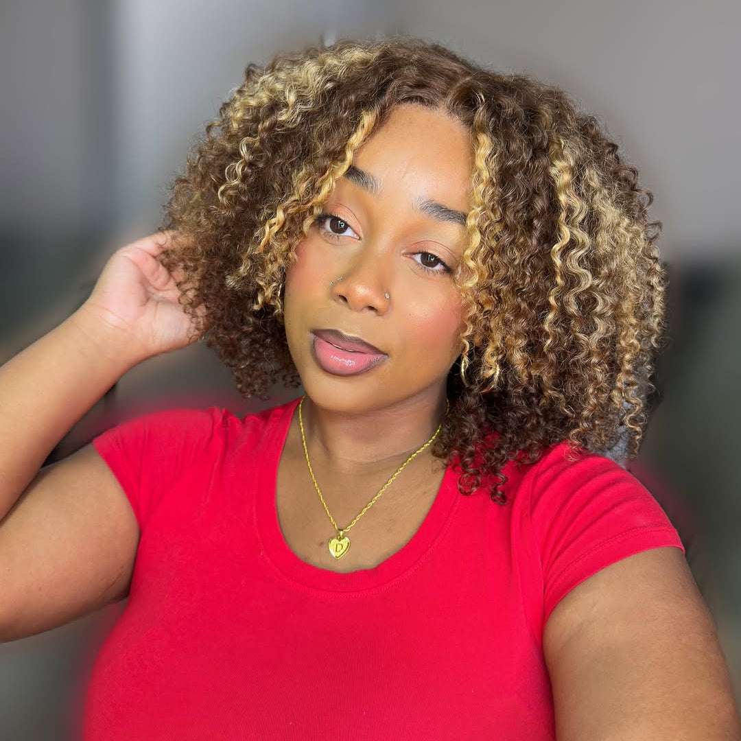 FABA Brown Highlight Afro Kinky Curly Wig - Pre-Cut Lace Glueless Closure Adjustable Mid/Side Part 200% Density with Natural Hairline