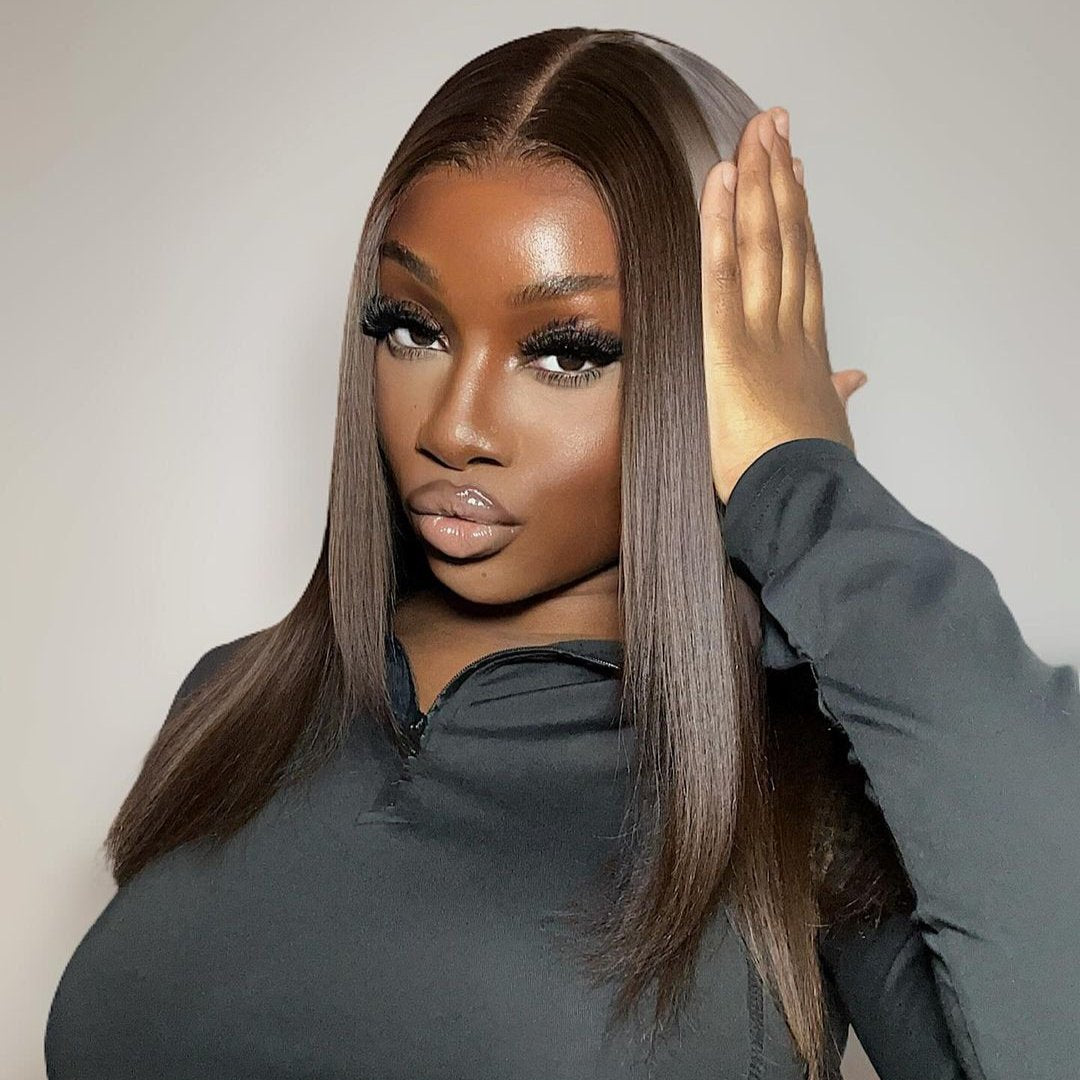 Glueless Wig Tiny Knot Transparent Lace 7x5 Lace Black Straight/ Brown Highlight Color Wig With Bleached Knots