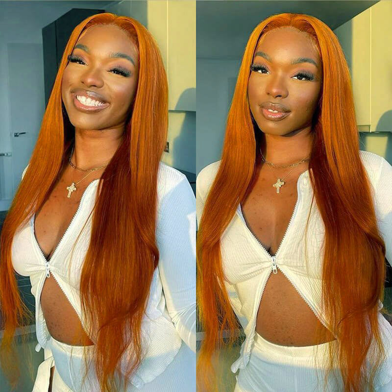 Ginger Orange Color Straight Wig 13x4 Transparent HD Lace Front Wigs 180% Density