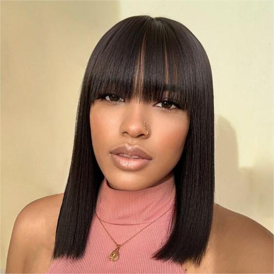 Glueless Wigs Bob Wig Clousure Lace Black Color Human Hair Wig With Bangs