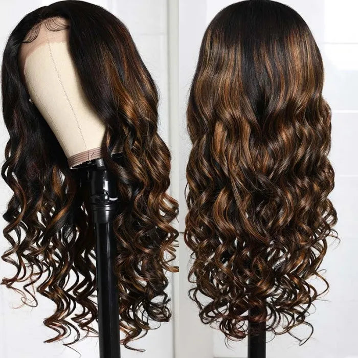 1B/30 Wig Balayage Highlight Body Wave Wig Pre-plucked Transparent Lace Front Wig