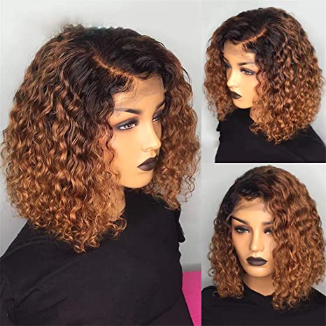 Short Bob Wig Curly Pre Cut Transparent Lace Wig Highlight Balayage Wig
