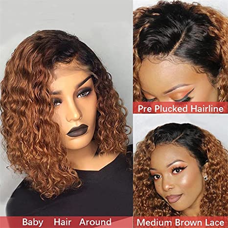 Short Bob Wig Curly Pre Cut Transparent Lace Wig Balayage Omber Color Wigs