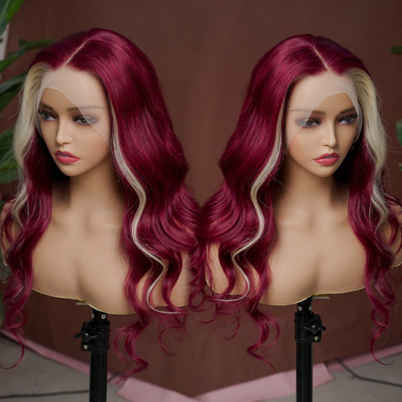 Blond With Burgundy Highlights Color 13x4 Transparent Lace Pre-plucked Human Hair Wigs