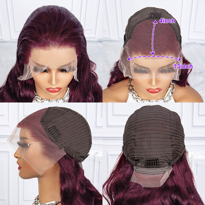 New Color Deep Purple Color Body Wave Wig Transparent Frontal Transparent Lace Wig 180% Density Hair Wig