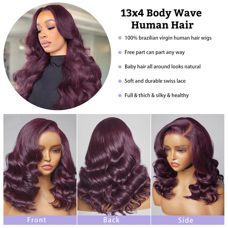 New Color Deep Purple Color Glueless 180% Density Body Wave wig 13x4 Transparent Frontal Transparent Lace Wig