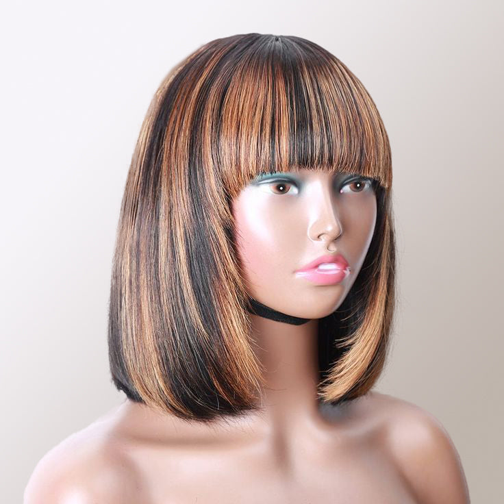 Glueless Wig 1B/27 Highlight Color Straight Bob Wig With Bangs Human Hair Wig