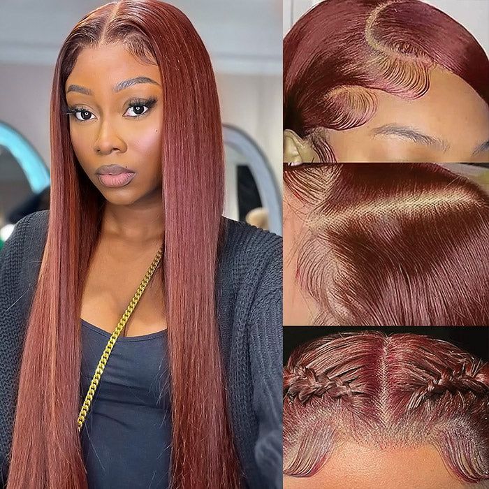 Wear & Go Reddish Brown Straight Wig Transparent Lace Front Wigs 100% Human Hair