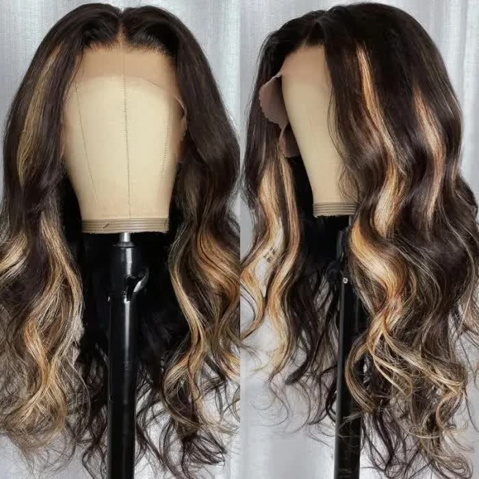 Balayage Body Wave Wig Transparent Lace Front Wigs Black With Honey Blonde Wig