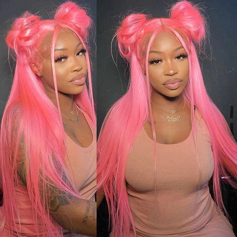 Pink Wig Straight Wigs Long Wig Pre Plucked Lace Front Wigs Human Hair Wig 150% Density
