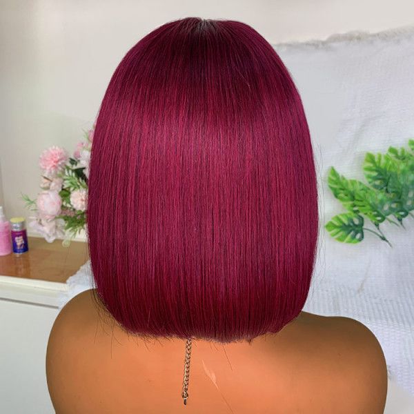 Glueless Wigs Straight Bob Wig Clousure Lace 99J Color Human Hair Wig With Bangs