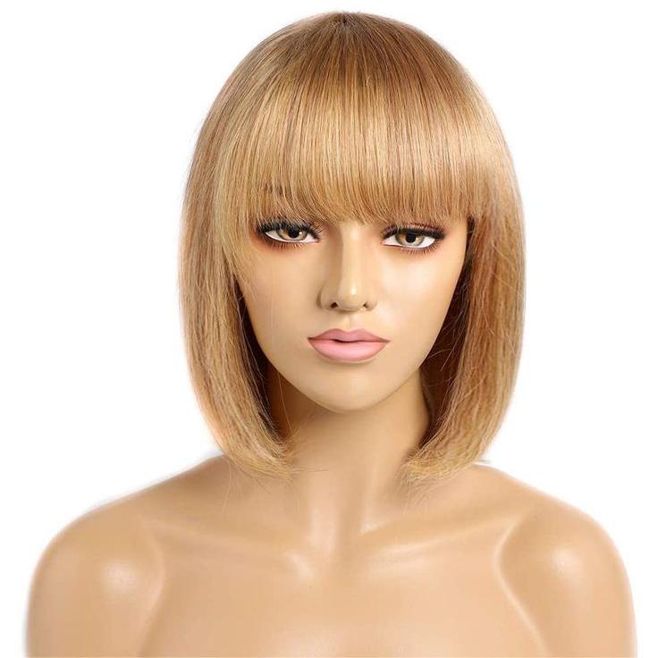 Glueless Wigs Straight Bob Wig Clousure Lace Honey Blonde Color Human Hair Wig With Bangs