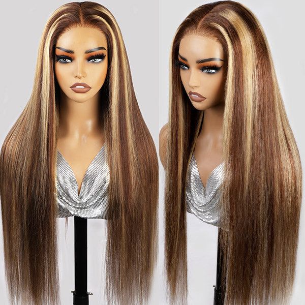 Glueless Wig Tiny Knot Transparent Lace 7x5 Lace Black Straight/ Brown Highlight Color Wig With Bleached Knots