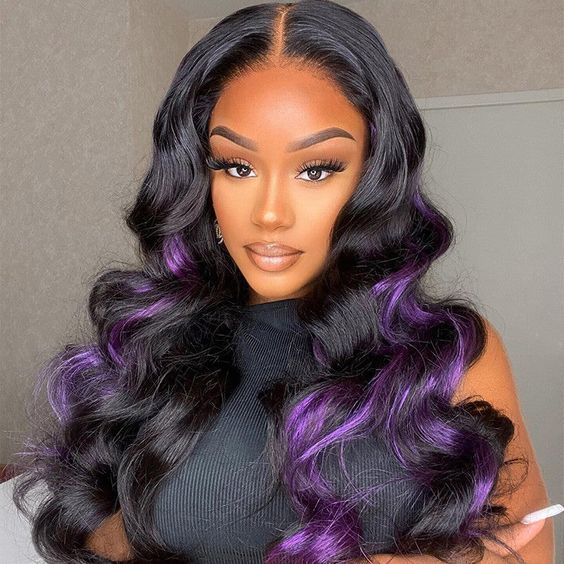 New Color For Black With Purple Highlights Color Wig Body Wave 13x4 HD Lace Wig Human Hair