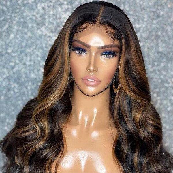 1B/30 Wig Balayage Highlight Body Wave Wig Pre-plucked Transparent Lace Front Wig