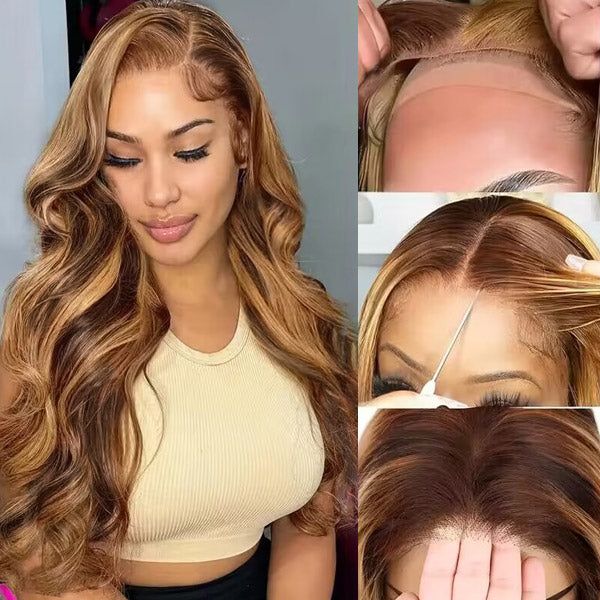 Honey Blonde Highlight Glueless Wig Body Wave 4x4 Closure Lace Front Wigs 100% Virgin Human Hair Wigs
