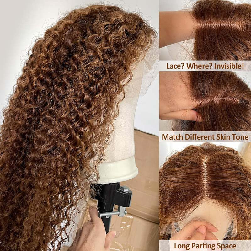 New Honey Blonde Highlight Color Curly 4x4 Frontal HD Lace Wig