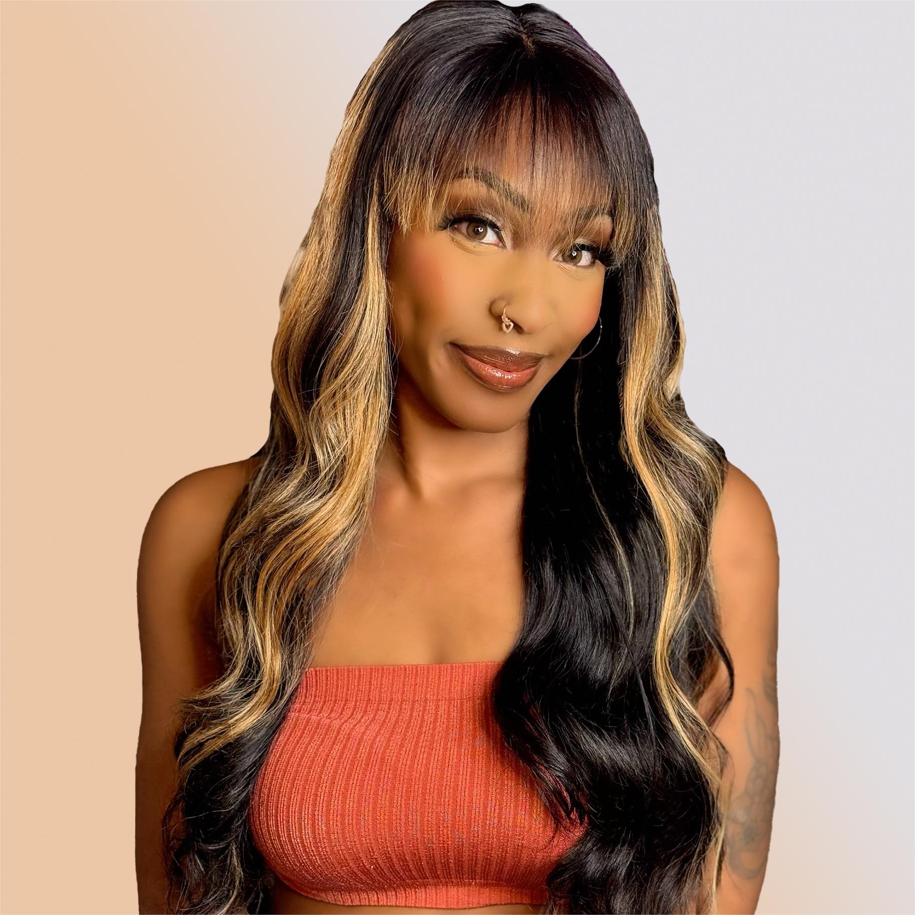 Glueless Wig 1B/27 Highlight Color Body Wave Wig With Bangs Human Hair Wig