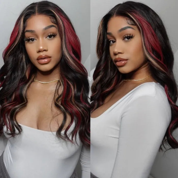 Piano Black with Red & Blonde Wig Loose Wave 180% Density Human Hair Wig