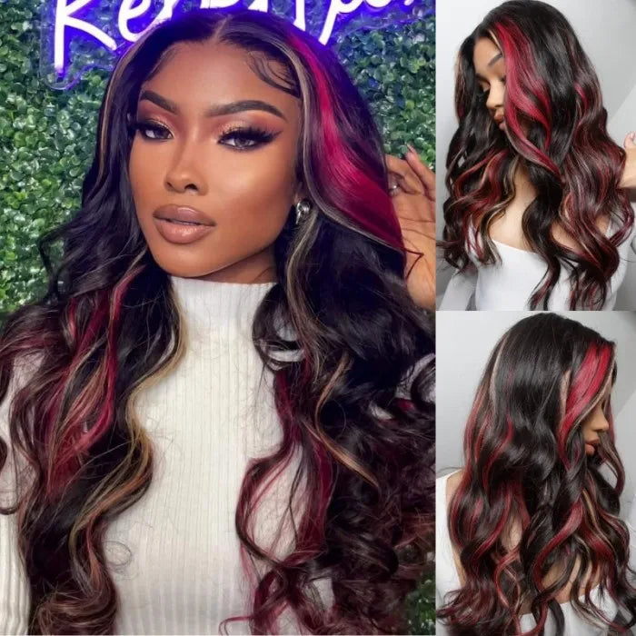 Piano Black with Red & Blonde Wig Loose Wave 180% Density Human Hair Wig