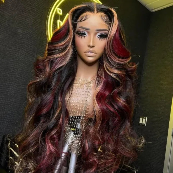 Piano Black with Red & Blonde Wig Loose Wave 180% Density Human Hair Wig