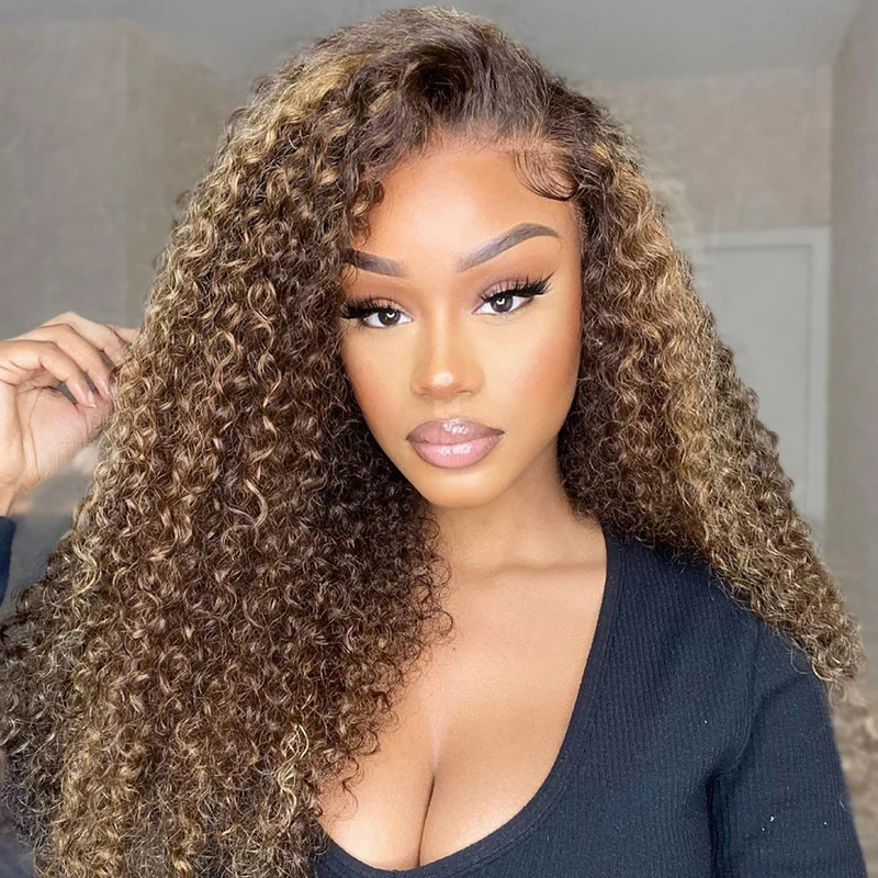 4/27 Honey Blonde With Brown Wig 360 Lace Curly Human Hair Wig 150% Density