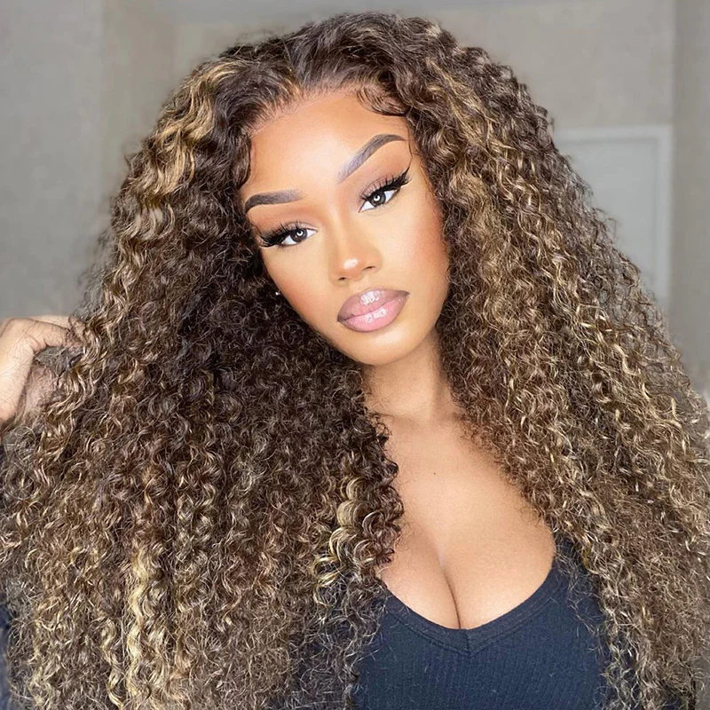 4/27 Honey Blonde With Brown Wig 360 Lace Curly Human Hair Wig 150% Density