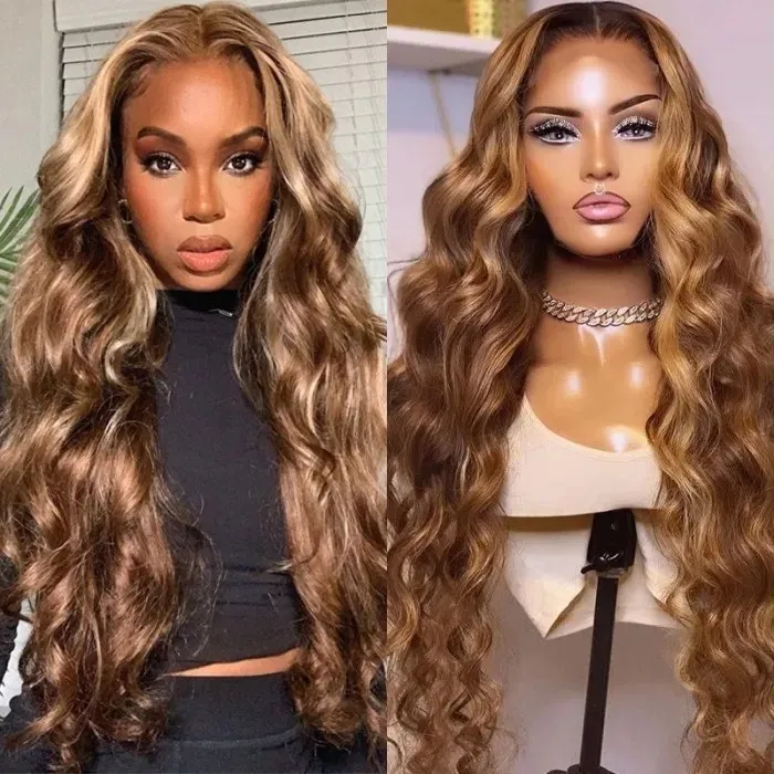 Wear & Go Honey Blonde Highlight Color Silky Body Wave Wig Transparent Frontal HD Lace Glueless Wig