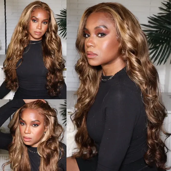 Wear & Go Honey Blonde Highlight Color Silky Body Wave Wig Transparent Frontal Lace Glueless Wig