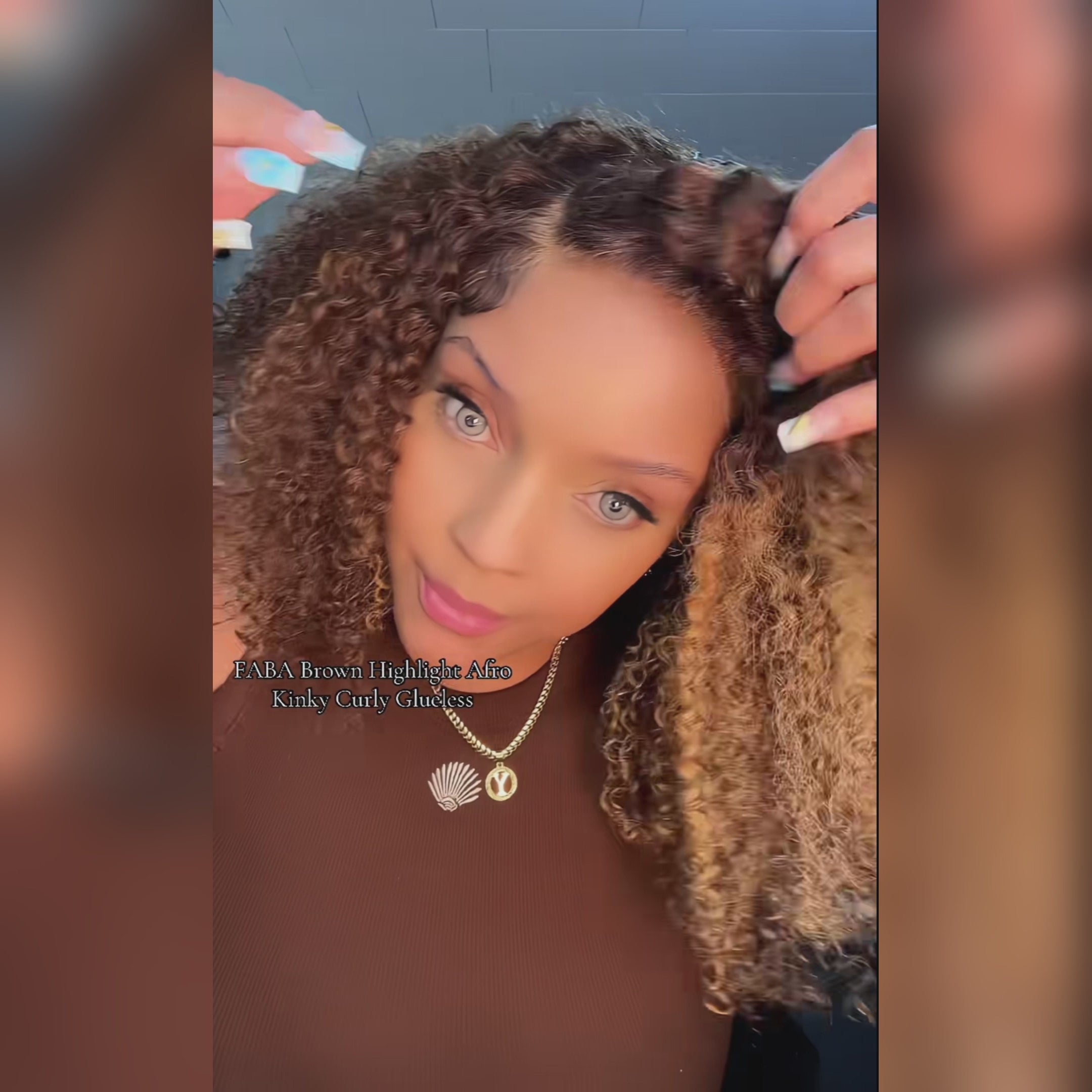 FABA Brown Highlight Afro Kinky Curly Wig - Pre-Cut Lace Glueless Closure Adjustable Mid/Side Part 200% Density with Natural Hairline