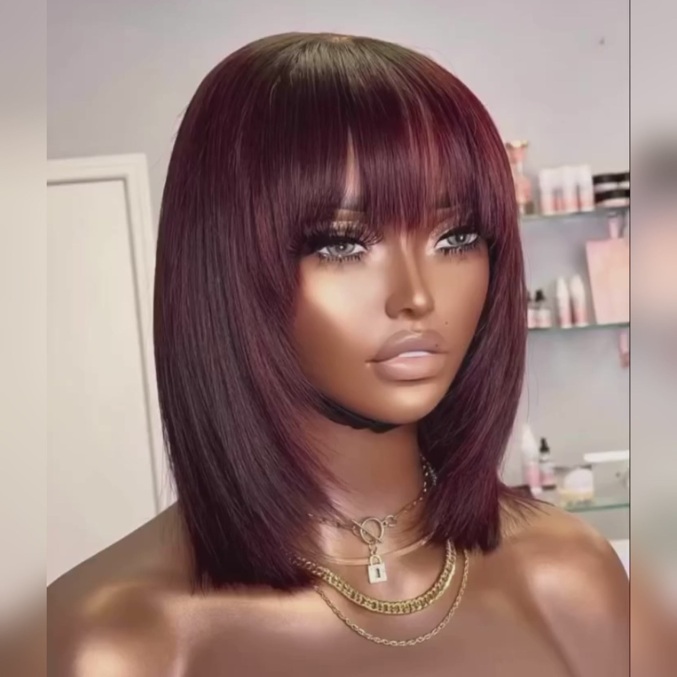 Glueless Wigs Straight Bob Wig Clousure Lace 99J Color Human Hair Wig With Bangs