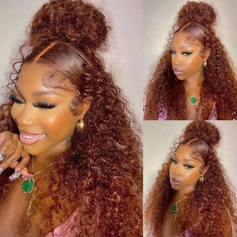 Reddish Brown Curly Wig Transparent Lace Front Wigs 4*4/13*4/13*6 Lace Human Hair Wig