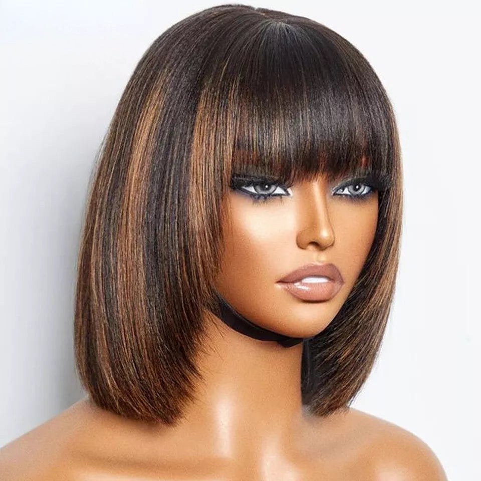 FABA Put On and Go Layered Cut Highlight Color Glueless Wig With Bangs