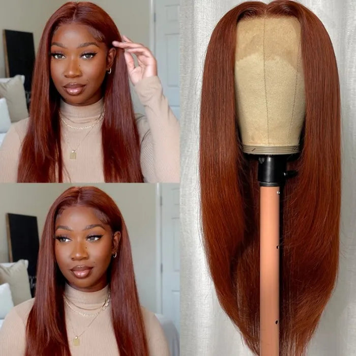 Reddish Brown Wig 150% Density 360 Lace Straight Closure Lace Wig Wig 100% Human Hair Wig
