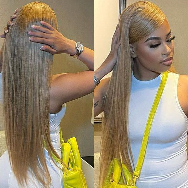 #27 Honey Blonde Color Straight Hair For 180% Density 360 Transparent HD Lace Front Wigs