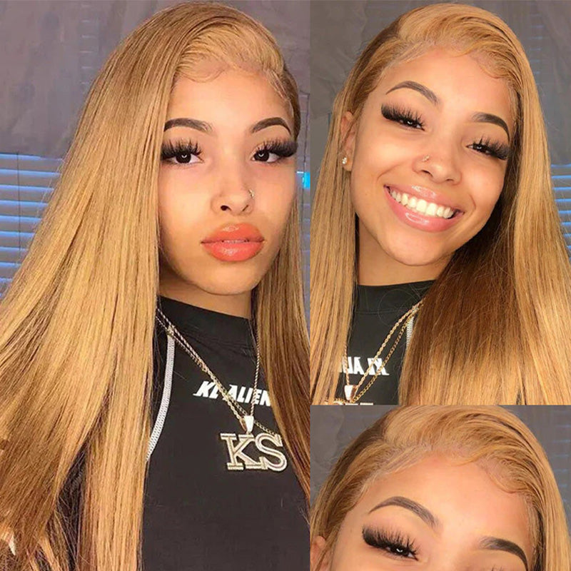 #27 Honey Blonde Color Straight Hair For 180% Density 360 Transparent HD Lace Front Wigs